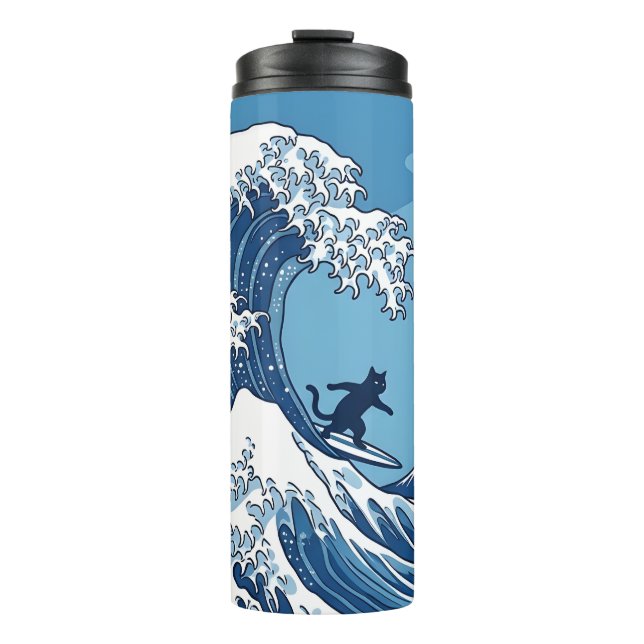 Surf's Up, Kanagawa – The Great Wave Cat Surfer Thermal Tumbler (Front)