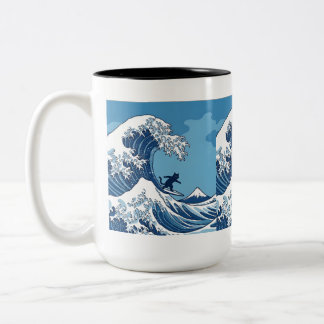 Surf's Up, Kanagawa – The Great Wave Cat Surfer Two-Tone Coffee Mug