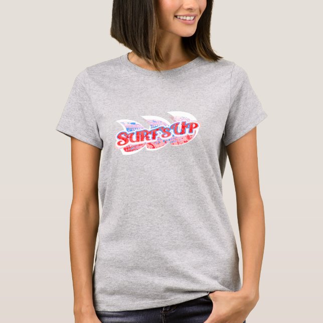 Surf's Up ladies red, white & blue wave surfing t T-Shirt (Front)