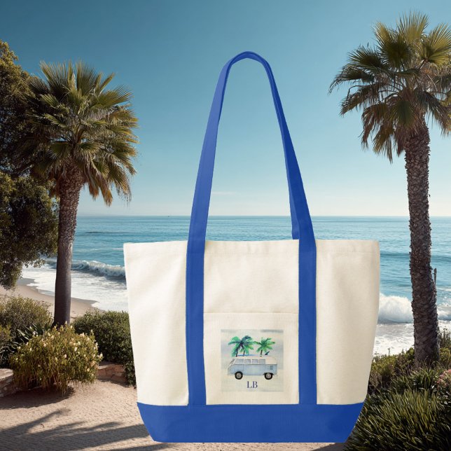 Surfs Up Monogrammed Contrast Trim Tote Bag (Surfing lover beach tote bag)