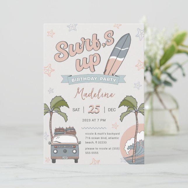 Surf's Up Ocean Beach Birthday Invitation Card (Standing Front)