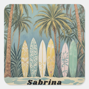 Surf's Up, Pastel Style Personalised Square Sticker