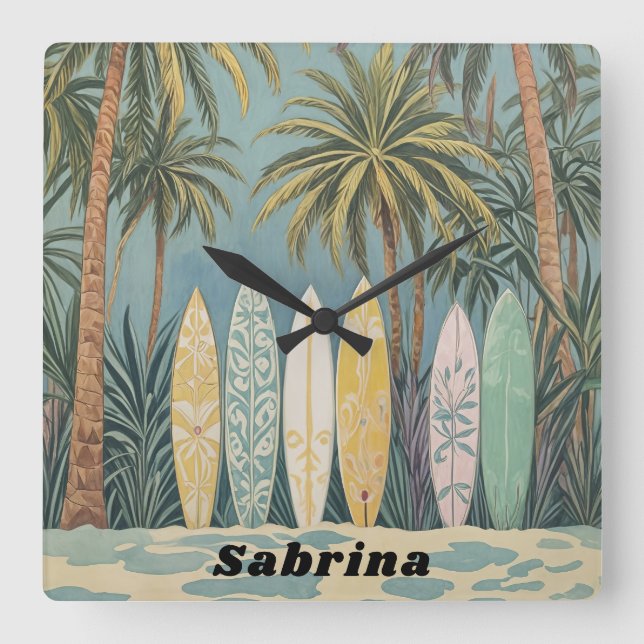 Surf's Up, Pastel Style Personalized Square Wall Clock (Front)