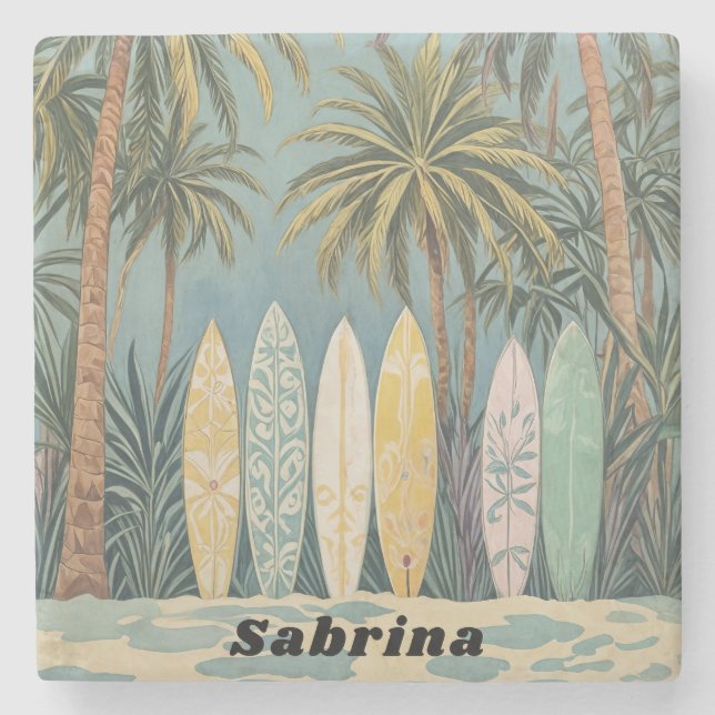 Surf's Up, Pastel Style Personalized Stone Coaster (Front)