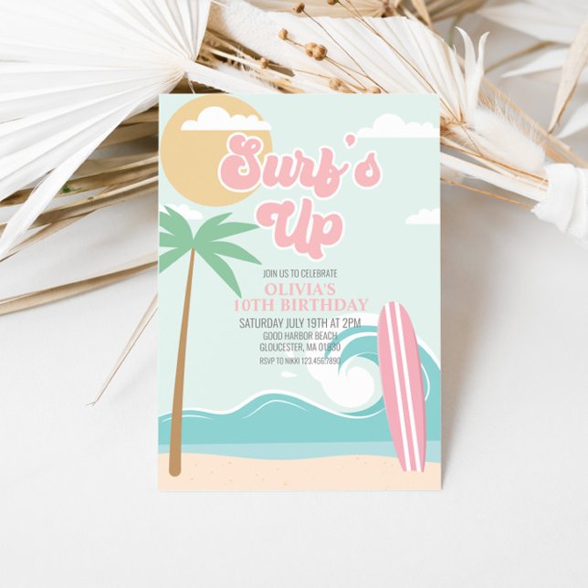 Surfs Up Pink Beach Birthday Invitation (Creator Uploaded)
