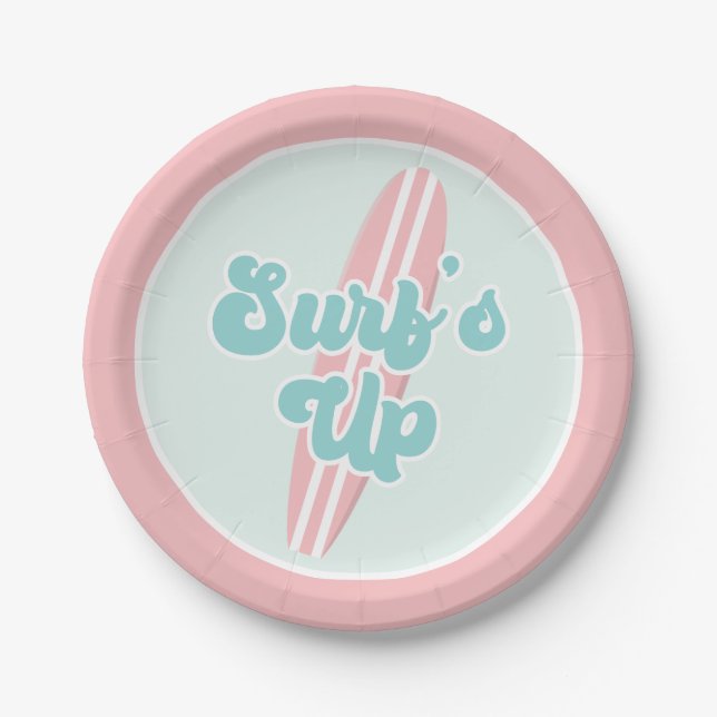 Surfs Up Pink Beach Birthday Paper Plates (Front)