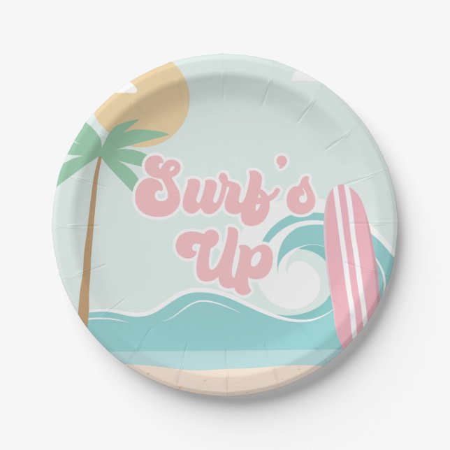 Surfs Up Pink Beach Birthday Paper Plates (Front)