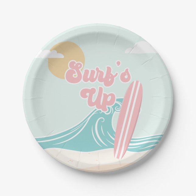 Surfs Up Pink Beach Birthday Paper Plates (Front)