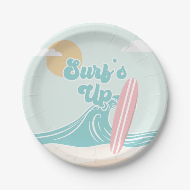 Surfs Up Pink Beach Birthday Paper Plates (Front)