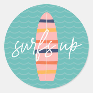 Surfs Up Pink surfboard and waves Birthday Party Classic Round Sticker