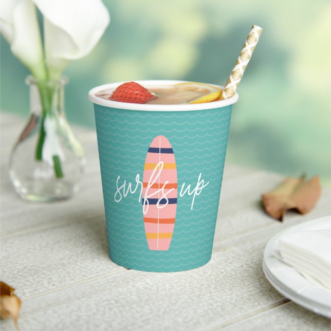 Surfs Up Pink surfboard and waves Birthday Party Paper Cups (Insitu)