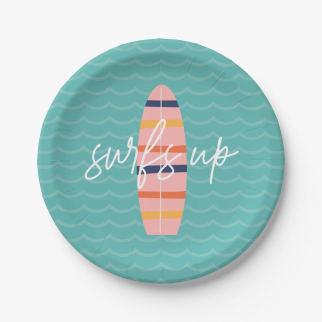 Surfs Up Pink surfboard and waves Birthday Party Paper Plate (Front)