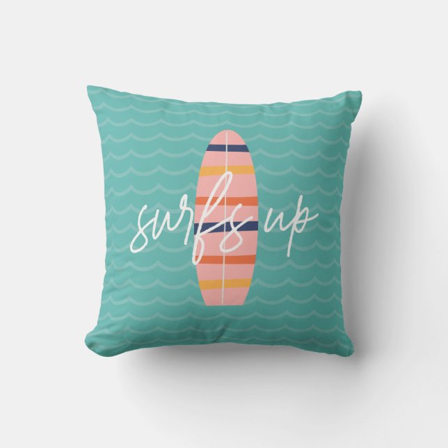 Surfs Up Pink surfboard and waves Cushion (Front)