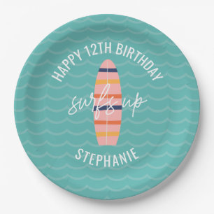 Surfs Up Pink surfboard Birthday Party Paper Plate