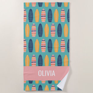 Surfs Up Pink Surfboards and flowers Beach Towel