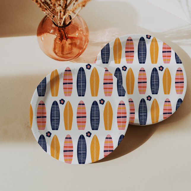 Surfs Up Pink surfboards and flowers birthday Paper Plate (Creator Uploaded)