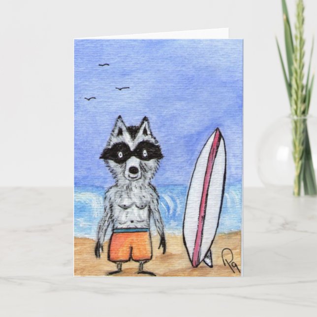 Surf's Up! Racoon with Surf Board Note Card (Front)