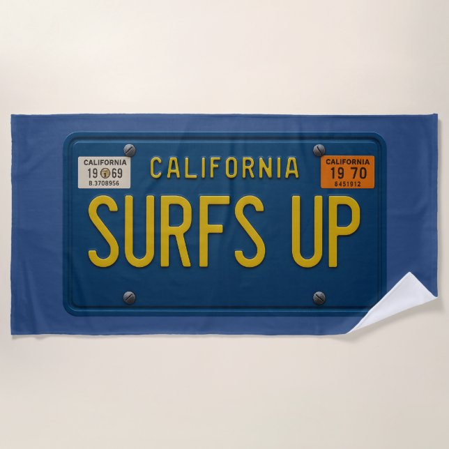 Surfs Up Retro 1969 California License Plate Surf Beach Towel (Front)