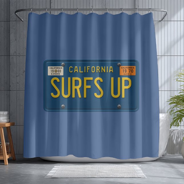 Surfs Up Retro 1969 California License Plate Surf Shower Curtain (Creator Uploaded)