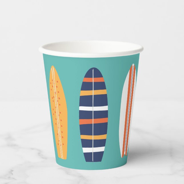 Surfs Up Retro Beach Surfboard Paper Cups (Front)