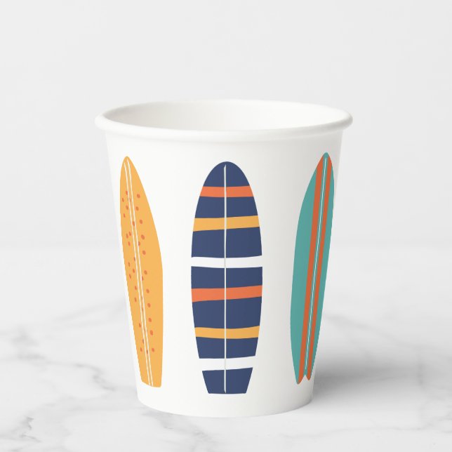 Surfs Up Retro Beach Surfboard Paper Cups (Front)