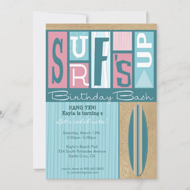 Surf's Up Retro Birthday Party Invitation - Pink (Front)