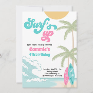 Surfs Up Retro Surfboard Beach Birthday Party Invitation
