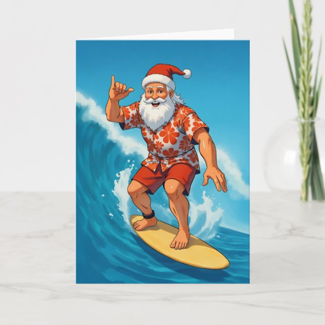 Surf's Up Santa Tropical Christmas Card (Front)