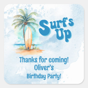 Surf's Up Summer Beach Birthday Party Favour Square Sticker