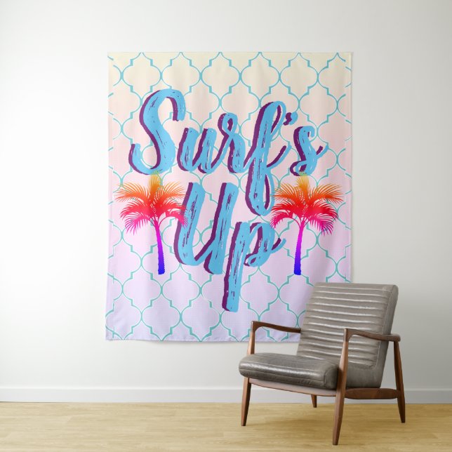 Surf's Up Summer Sunset Palm Trees Tapestry (In Situ)