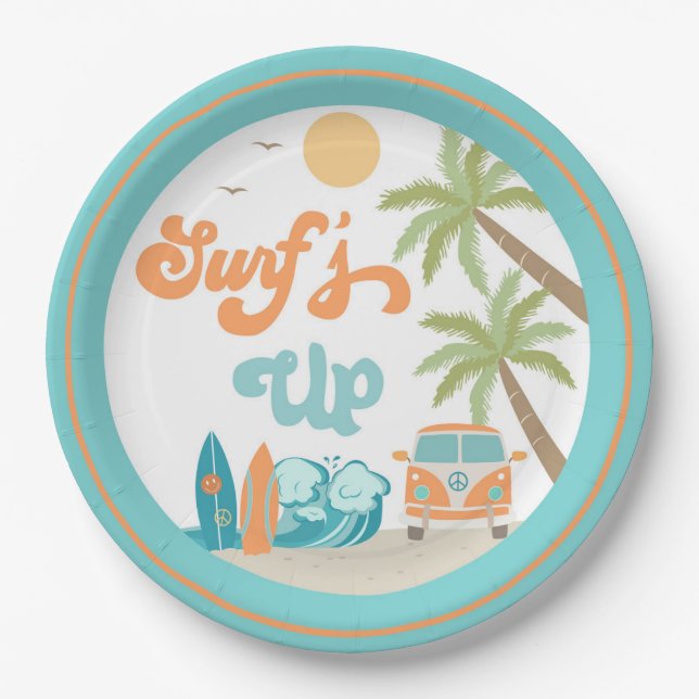 Surf's Up Surf Beach Birthday Party Paper Plates (Front)