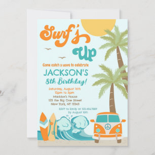 Surf's up Surf Beach Surfer Birthday Invitation