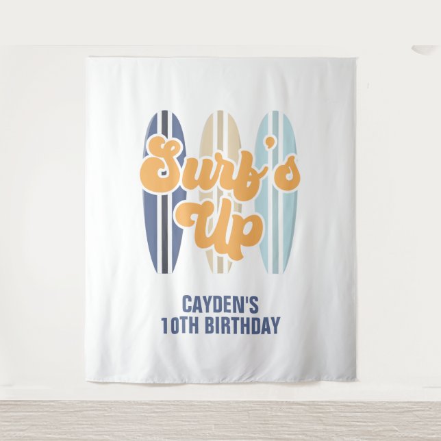 Surf's Up Surfboard Beach Birthday Banner Tapestry (Front)