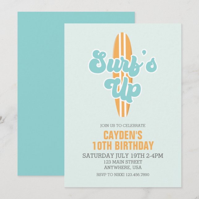 Surf's Up Surfboard Beach Birthday Invitation (Front/Back)