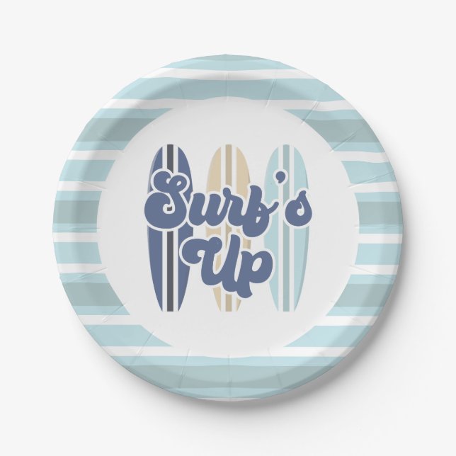 Surf's Up Surfboard Beach Birthday Paper Plates (Front)