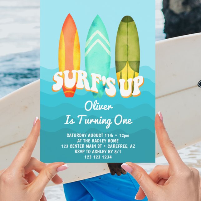 Surfs Up Surfboard Kids 1st Birthday Invitation (Creator Uploaded)