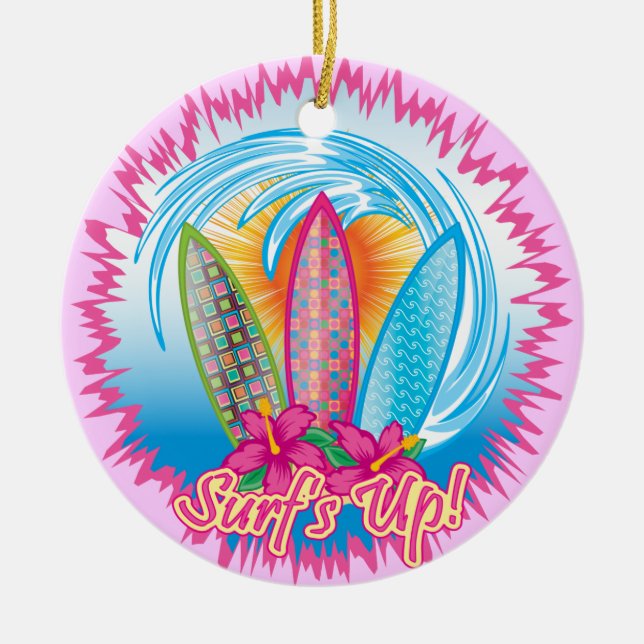 Surf's Up - Surfer Girl Ceramic Ornament (Front)