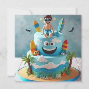 SURFS UP!  SURFER KID ON A CAKE BIRTHDAY INVITATION