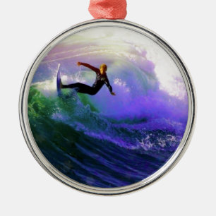 SURFS UP  surfer surfing catching a wave Metal Ornament