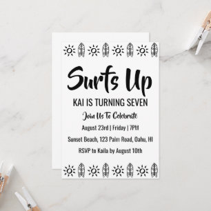 surfs up surfing beach birthday party invitations