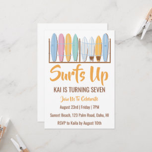 surfs up surfing beach birthday party invitations