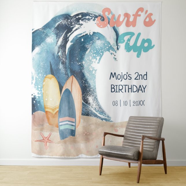 Surf's Up | Surfing Tropical Beach Birthday Tapestry (In Situ)