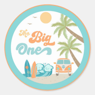 Surf's Up The big One Birthday Party Favour Sticke Classic Round Sticker