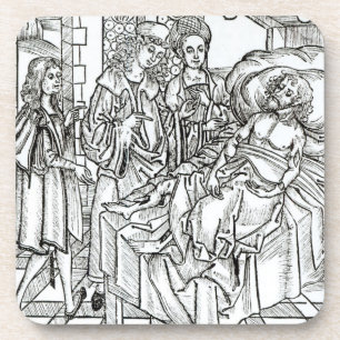 Surgeon and assistants visit a badly wounded man, coaster