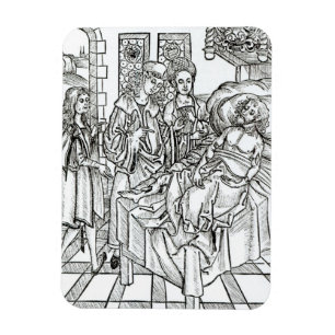 Surgeon and assistants visit a badly wounded man, magnet