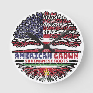 Surinam Surinamese American USA Tree Roots Flag Round Clock