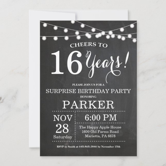 Surprise16th Birthday Invitation Chalkboard (Front)