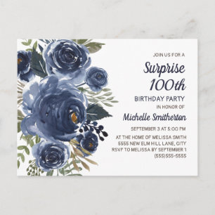 Surprise 100 Birthday Navy Blue Watercolor Floral Postcard