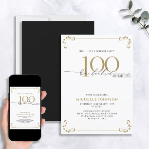 Surprise 100 & Fabulous Black & Gold Birthday Invitation