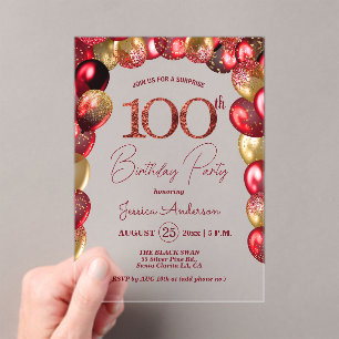Surprise 100th B-day Party Gold Burgundy Glitter Acrylic Invitations